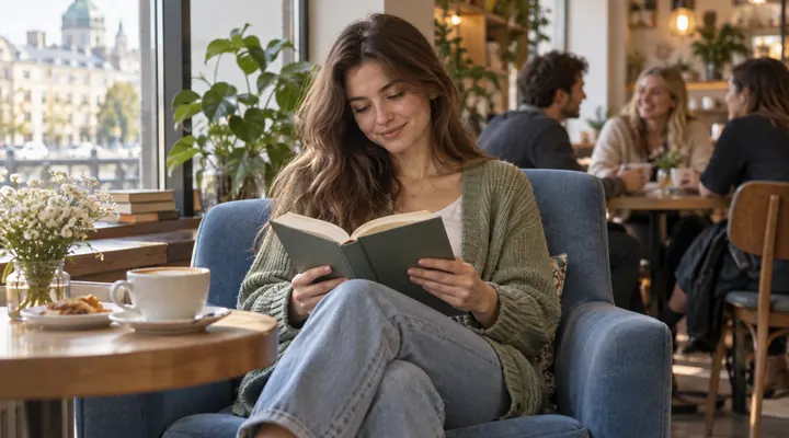 Девушка отдыхает с книгой в тихом уголке кафе